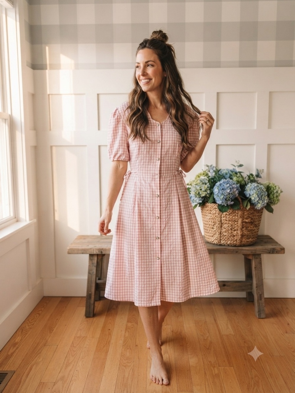 Kathie Lee Collection Pink Gingham Button-Front Mini Dress Large